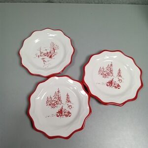 Holiday Home Red White Stoneware Christmas Appetizer Plates Set of 3 Scalloped
